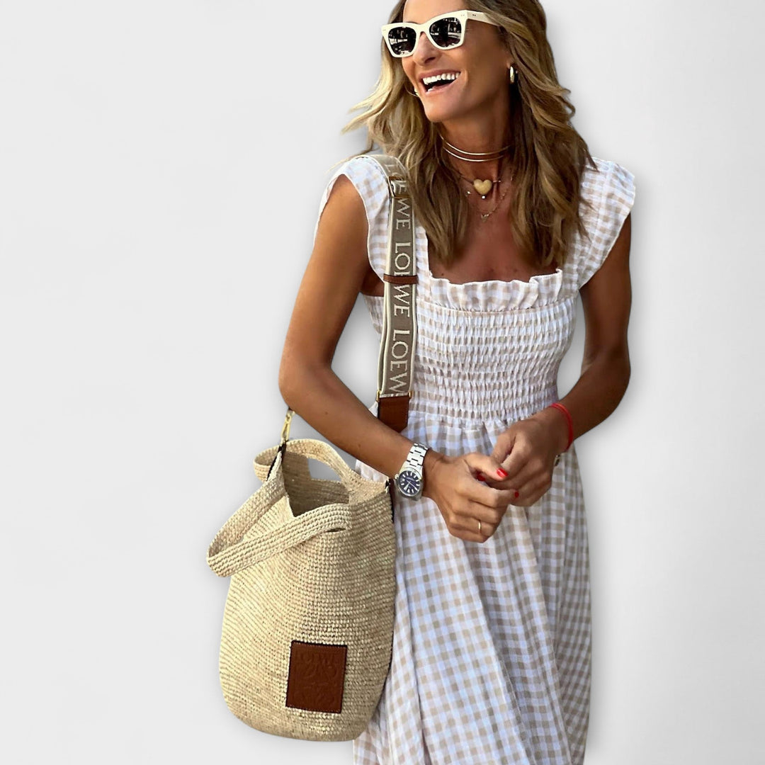 Kárované Maxi Šaty s Volánovými Rukávy