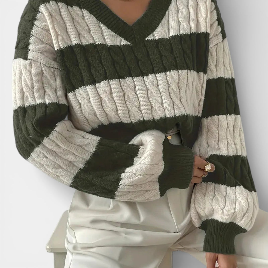Tereza – Pruhovaný pletený svetr s výstřihem do V