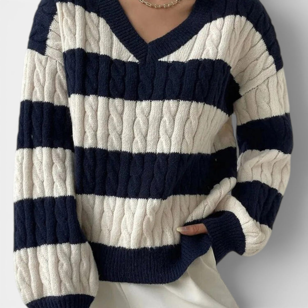 Tereza – Pruhovaný pletený svetr s výstřihem do V