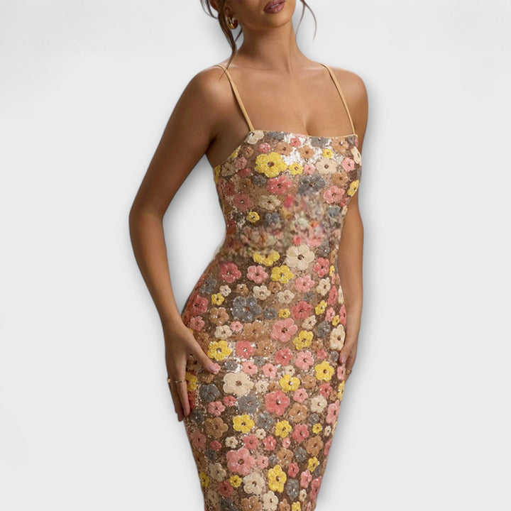 Oakley - Maxi Šaty s Květy a Flitry ve Stylu 80. Let