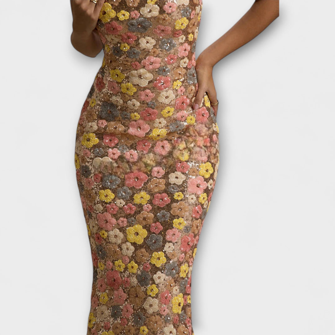 Oakley - Maxi Šaty s Květy a Flitry ve Stylu 80. Let