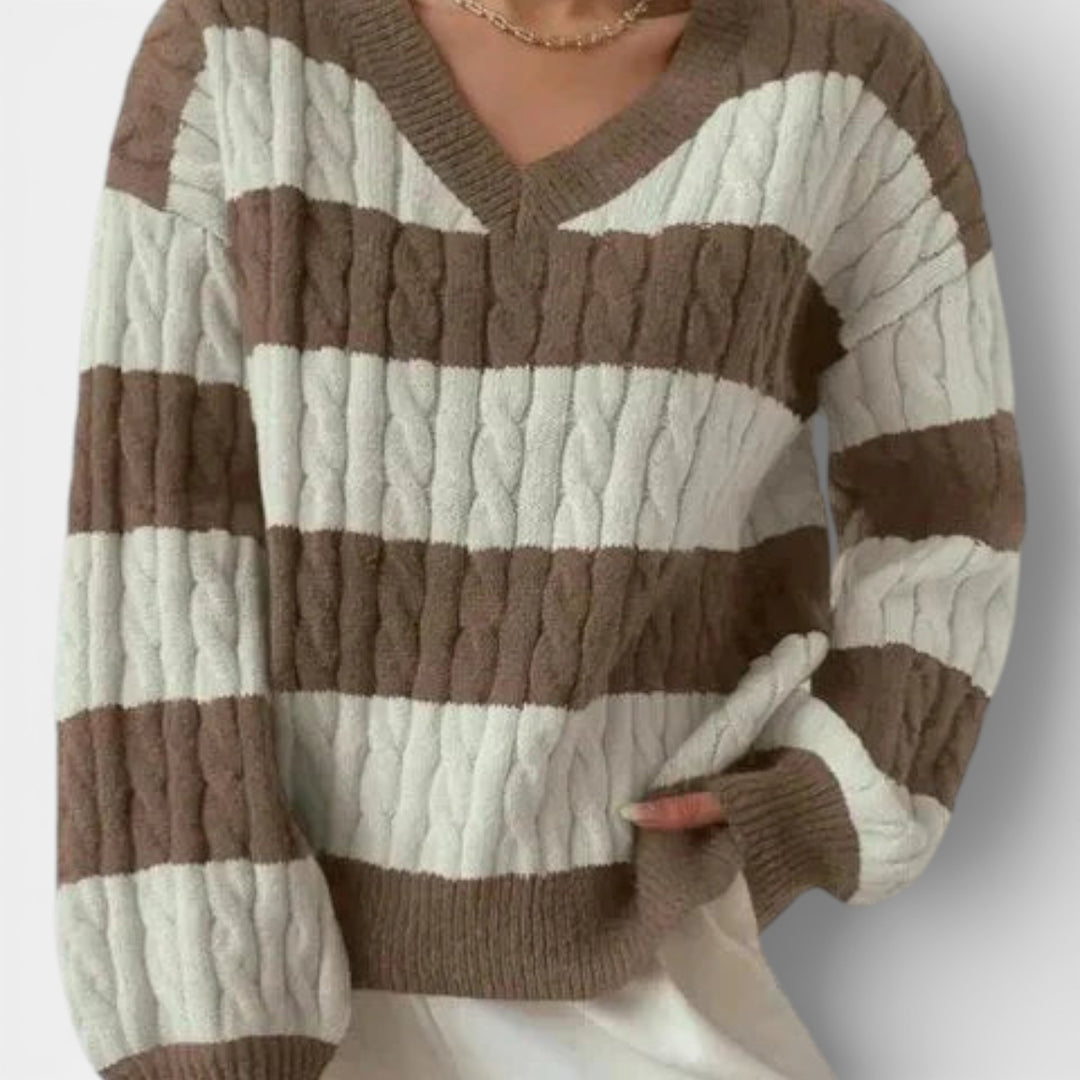 Tereza – Pruhovaný pletený svetr s výstřihem do V