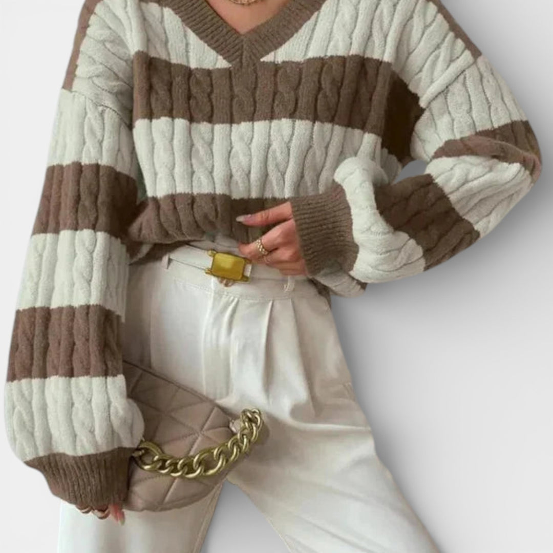 Tereza – Pruhovaný pletený svetr s výstřihem do V