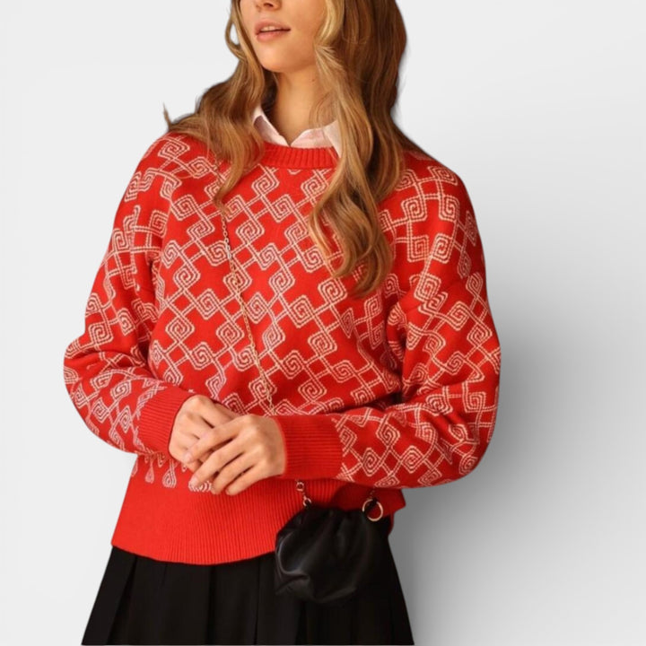 Renáta – Žakárový pletený svetr s geometrickým vzorem