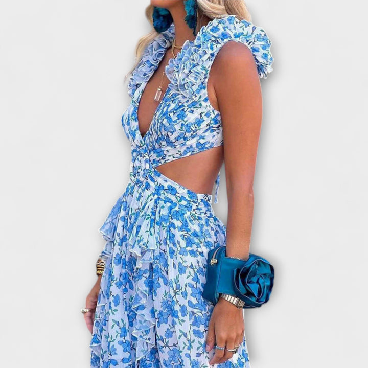 Elin - Maxi šaty s volánkovým lemem a výřezy