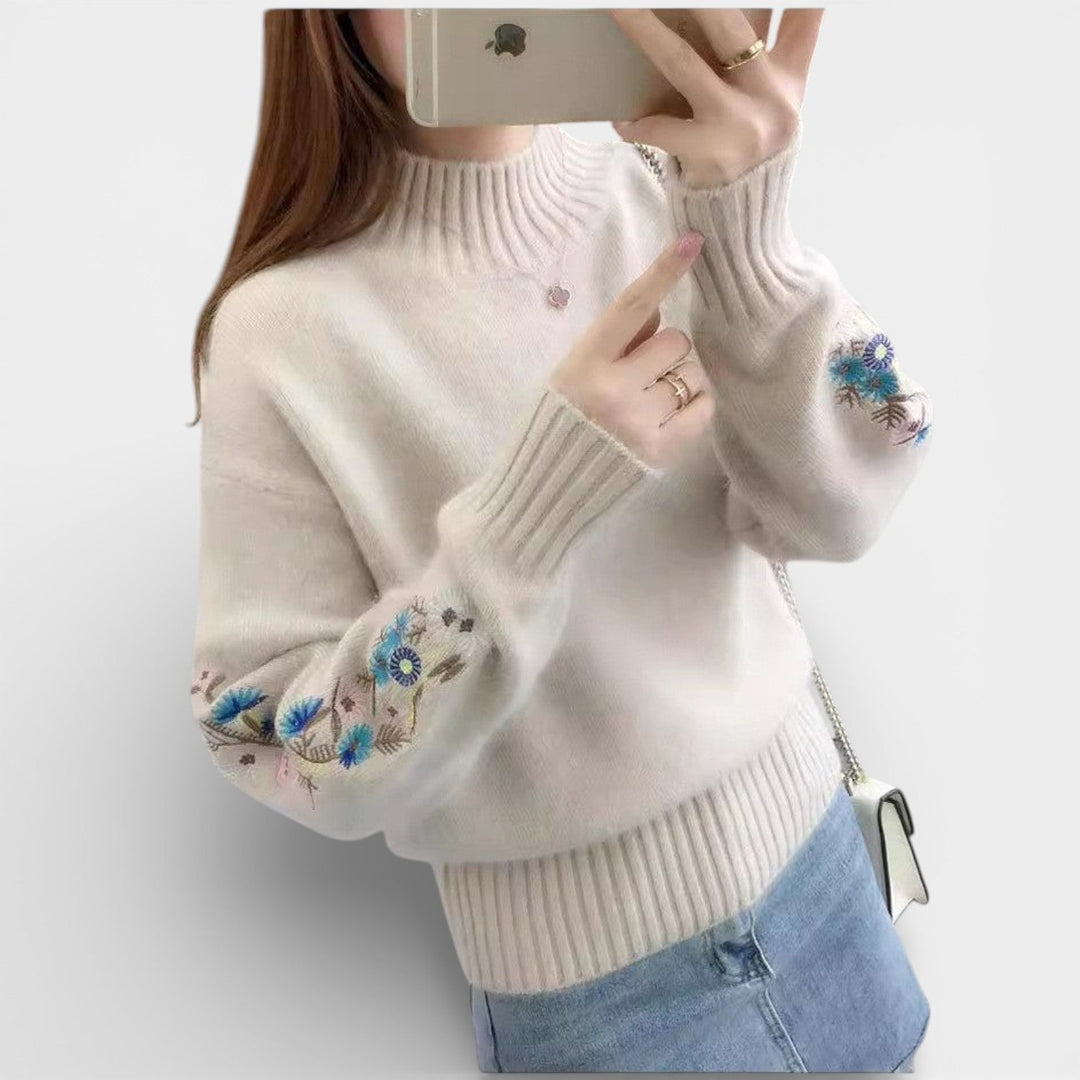 Florencie – Dámský svetr s květinovou výšivkou a stojáčkem