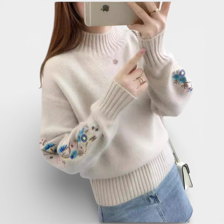 Florencie – Dámský svetr s květinovou výšivkou a stojáčkem