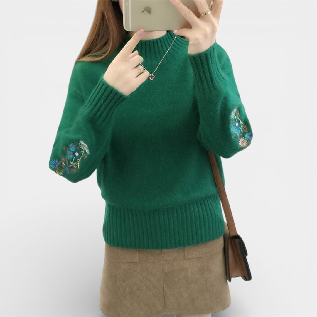 Florencie – Dámský svetr s květinovou výšivkou a stojáčkem