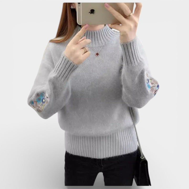 Florencie – Dámský svetr s květinovou výšivkou a stojáčkem