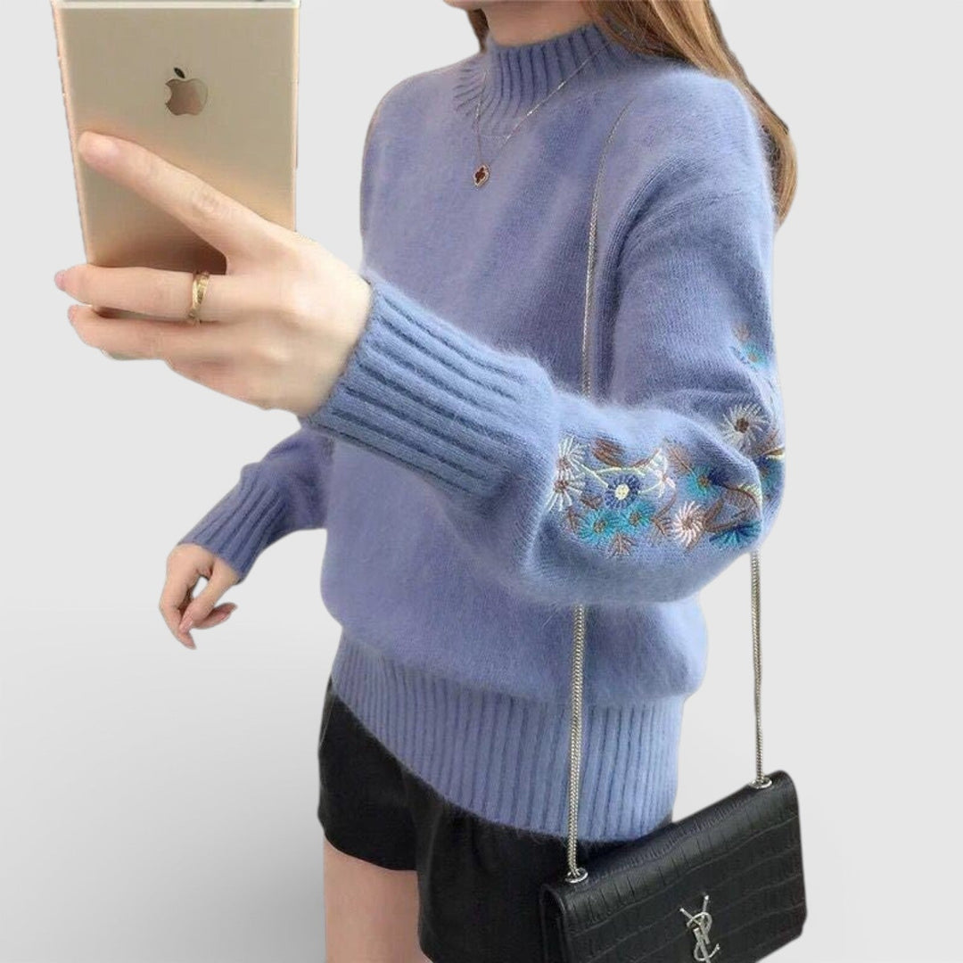 Florencie – Dámský svetr s květinovou výšivkou a stojáčkem