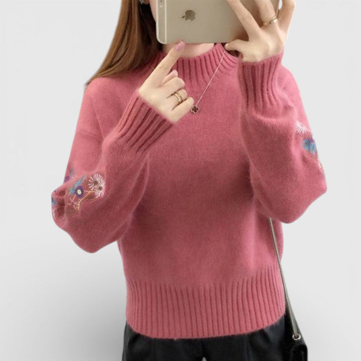 Florencie – Dámský svetr s květinovou výšivkou a stojáčkem