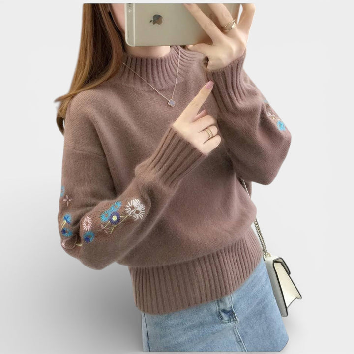 Florencie – Dámský svetr s květinovou výšivkou a stojáčkem