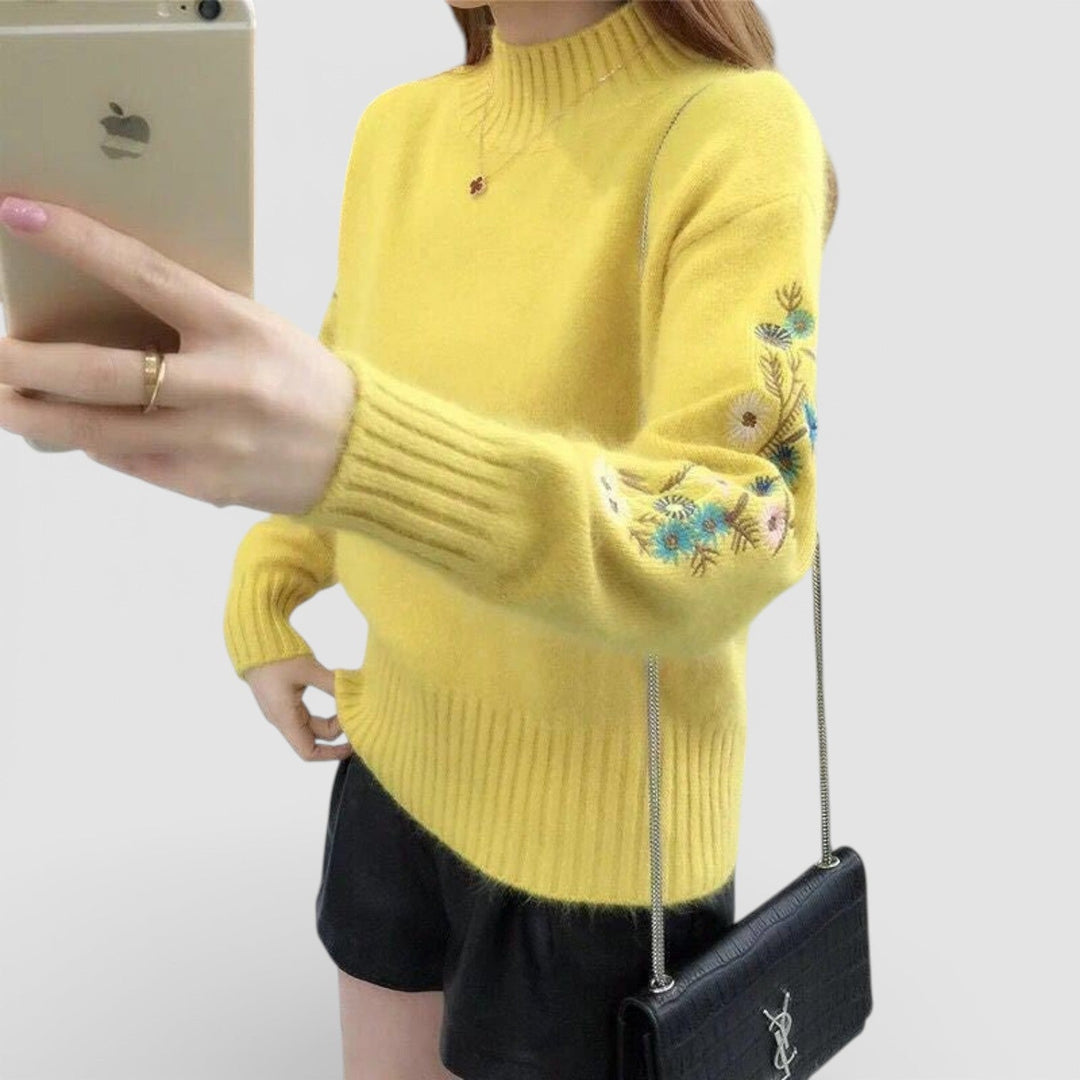 Florencie – Dámský svetr s květinovou výšivkou a stojáčkem