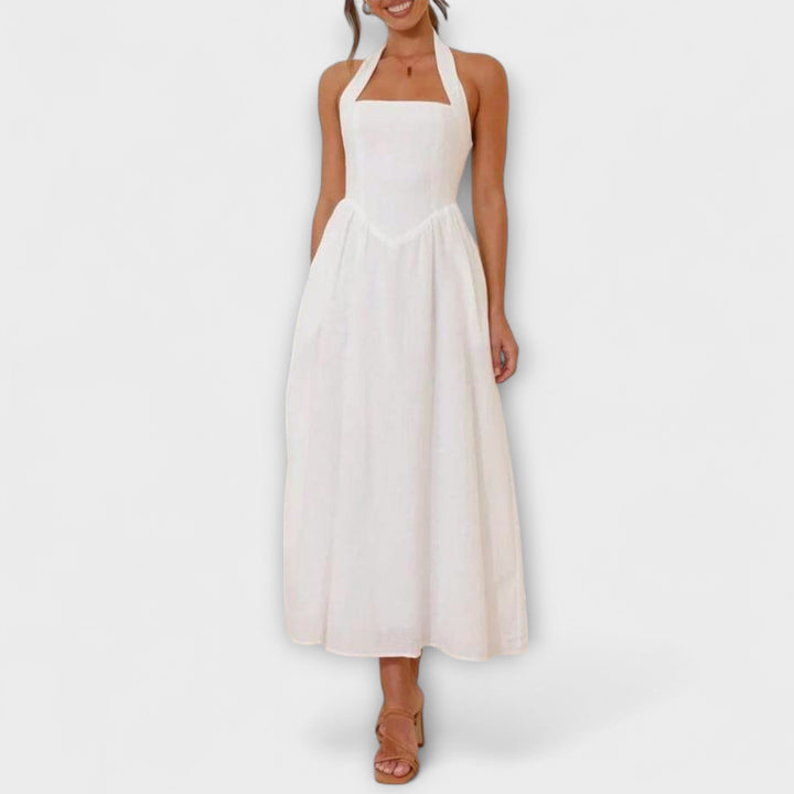 Lydia - Černé halter šaty střední délky s detailem v pase